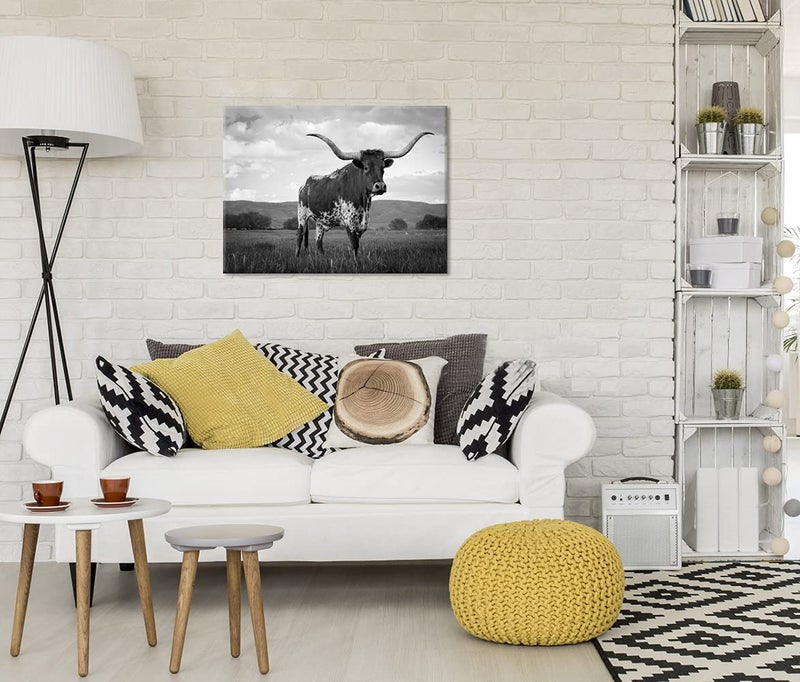 Visual Art Decor Longhorn Cow Pictures Black and White Cow Painting Canvas Wall Art Framed Artwork for Home Decor 24inchx32inch - Image 2